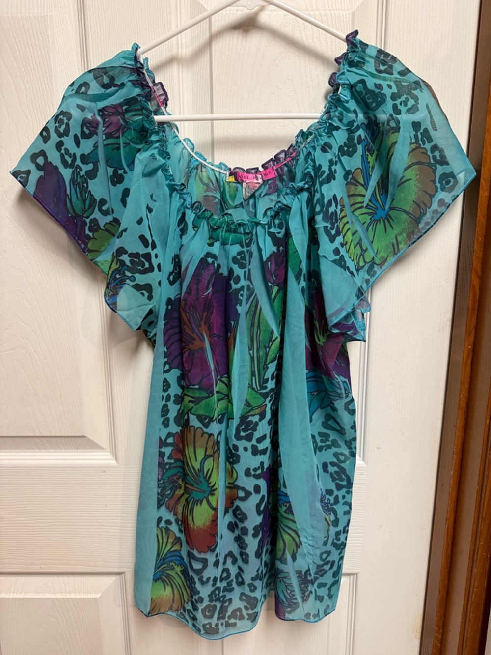 Teal Floral Off-Shoulder Blouse with Purple & Green Accents
